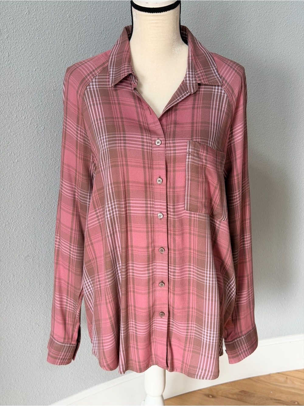 BP. Nordstrom Pink Mauve Brown Plaid Rayon Button Down Shirt Size M